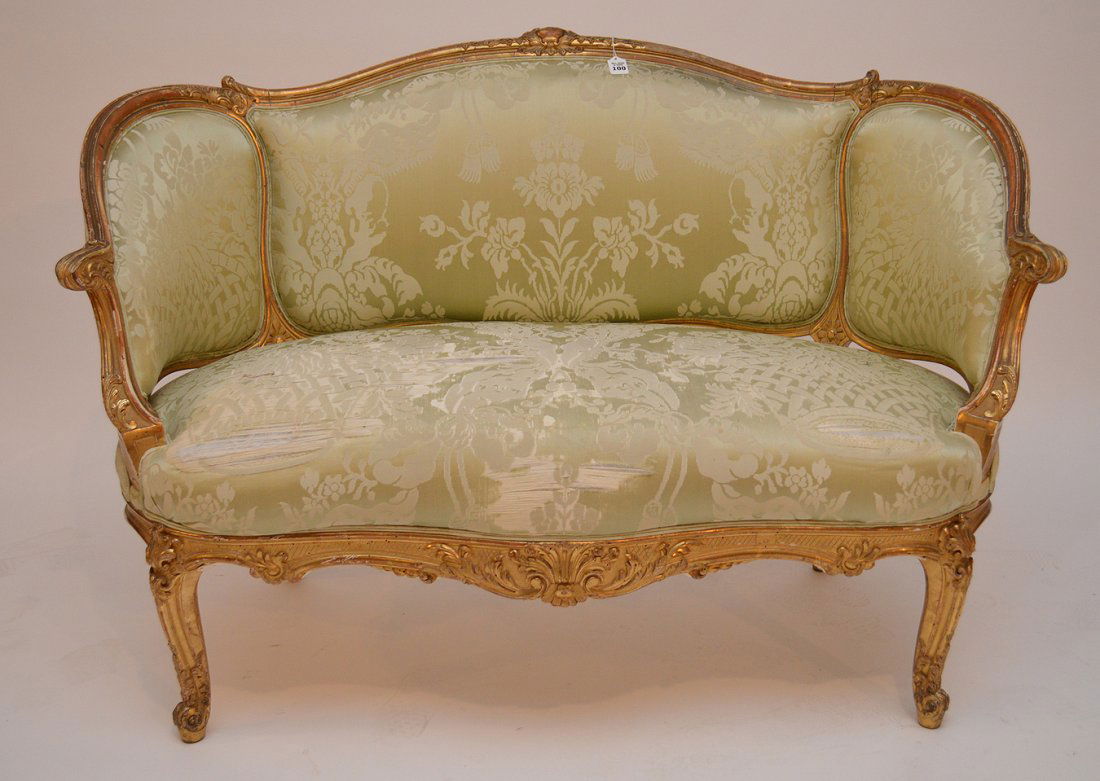 19th c. carved giltwood settee with green Fortuny (1 of 4)
