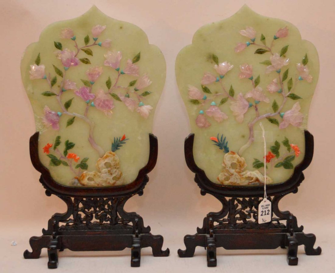 Pair Jade And Hard Stone Table Screens with carved wood (1 of 4)