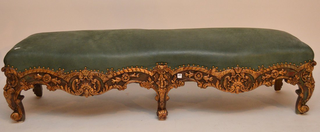 Italian carved rococo style bench with leather seat, (1 of 4)