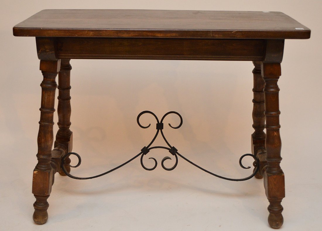 Walnut and iron Mizner style table, 30"h x 39"w x 19"d (1 of 5)