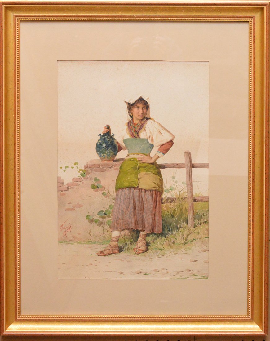 FILIPPO INDONI, Italian 1842-1908, “Young Girl with: FILIPPO INDONI, Italian 1842-1908, “Young Girl with Pottery Jug” watercolor on heavy paper 21” x 14”, signed lower left, framed. Louse in the frame.