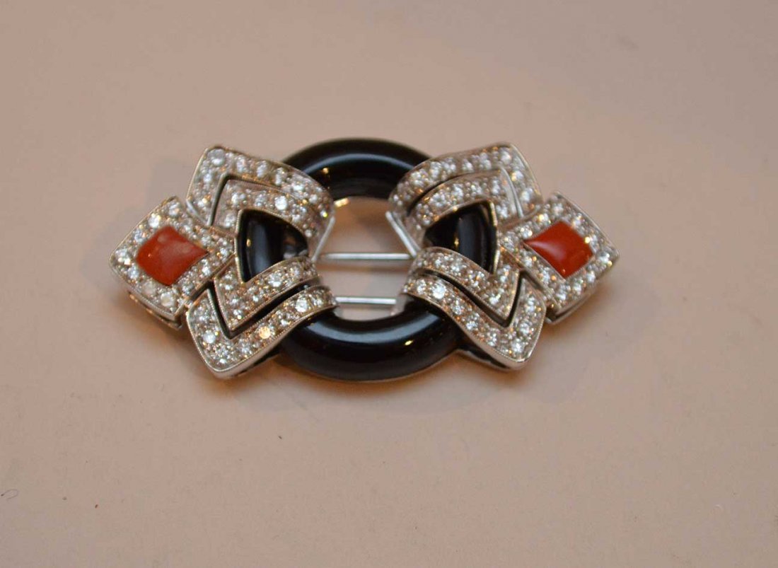 Brooch, 18kt white gold (stamped 750) with diamonds,: Brooch, 18kt white gold (stamped 750) with diamonds, onyx and coral (marked Giovane)
