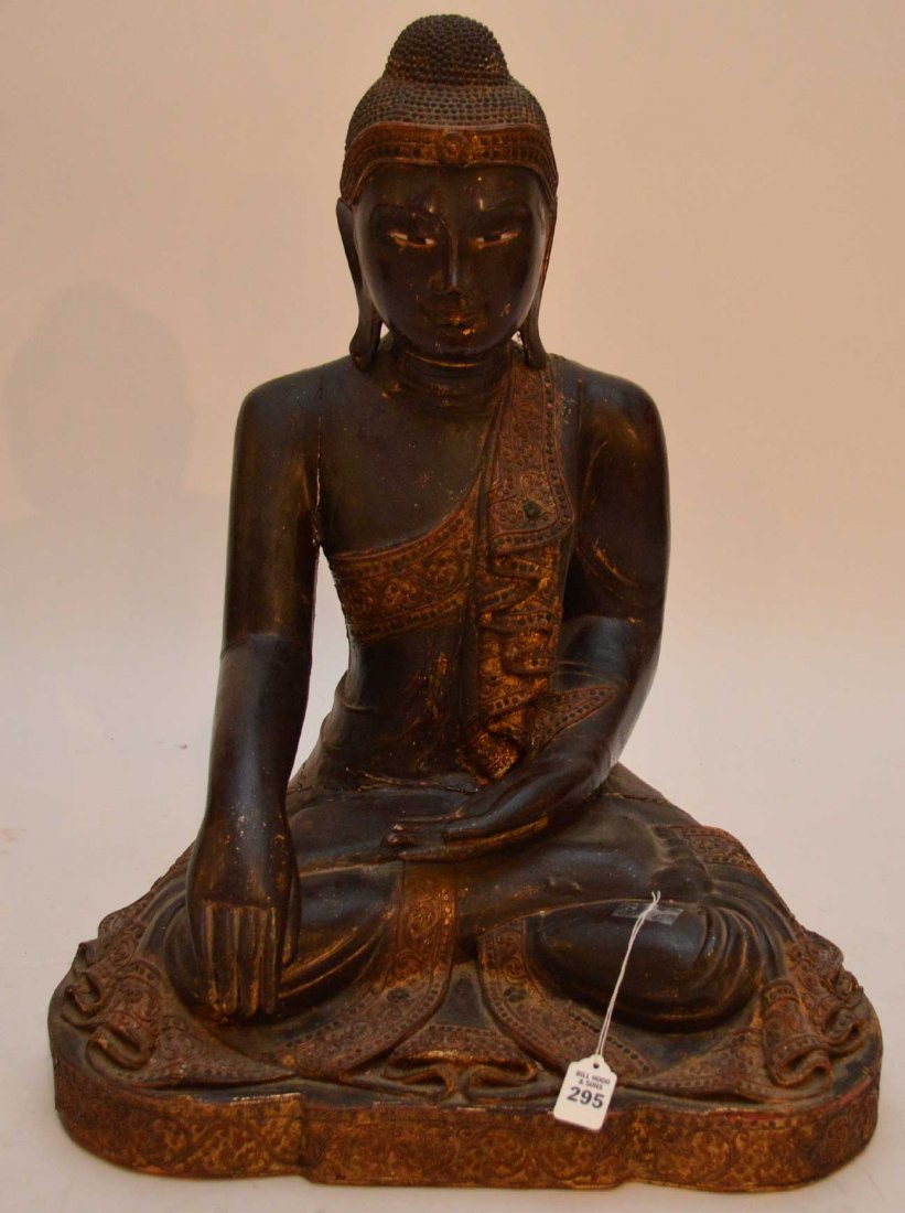 Antique Carved Wood Seated Buddha with inset stones and (1 of 3)