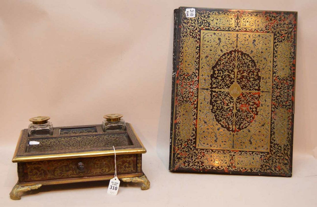 Antique Mahogany And Brass Ink Stand Ht. 6" W. 13 1/2" (1 of 8)