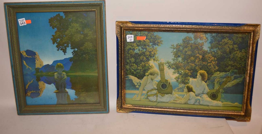 2 pcs. Vintage Maxfield Parrish Lithographs incl: girl: 2 pcs. Vintage Maxfield Parrish Lithographs incl: girl sitting on rock surrounded by water, 14-1/2" x 18" girls w/ guitars,14-1/2" x 20-1/2"