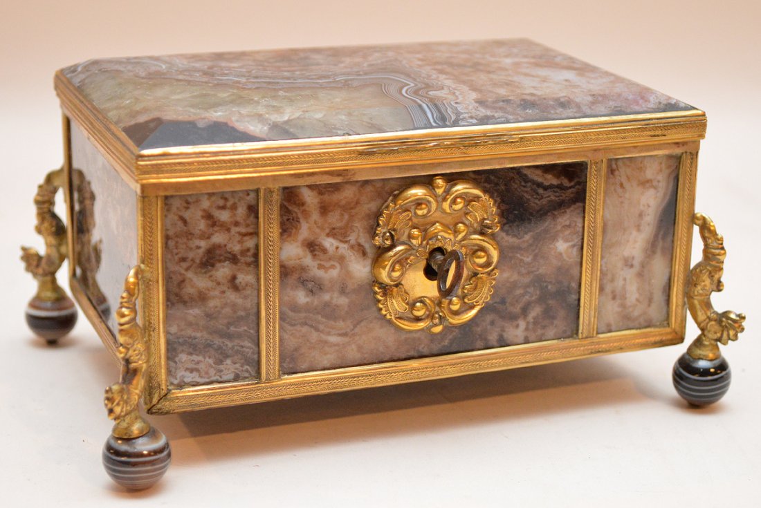 Antique Stone & Brass Box raised on circular stone (1 of 4)