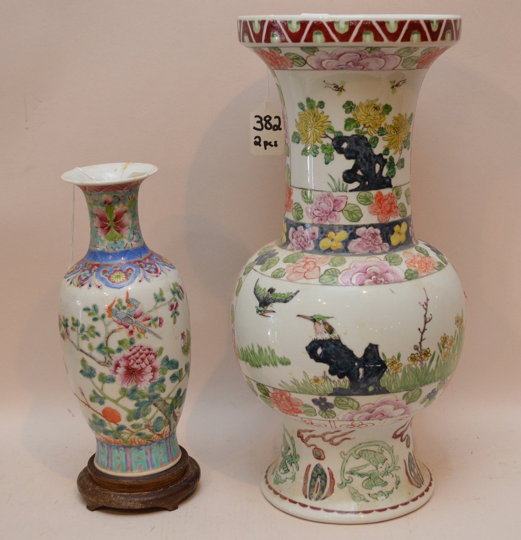 Two Chinese Porcelain Vases 1 mounted on a wood base: Two Chinese Porcelain Vases 1 mounted on a wood base with cracks to top rim. Ht. 10 3/4". 1 with on base Ht. 15"
