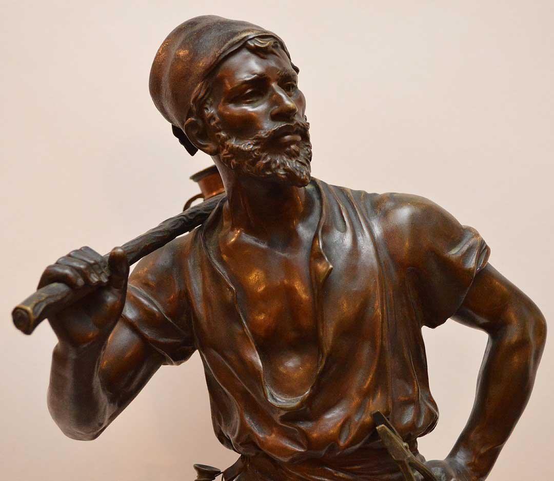 Bronze Sculpture Signed Debut Man Carrying Water Jug. (1 of 8)