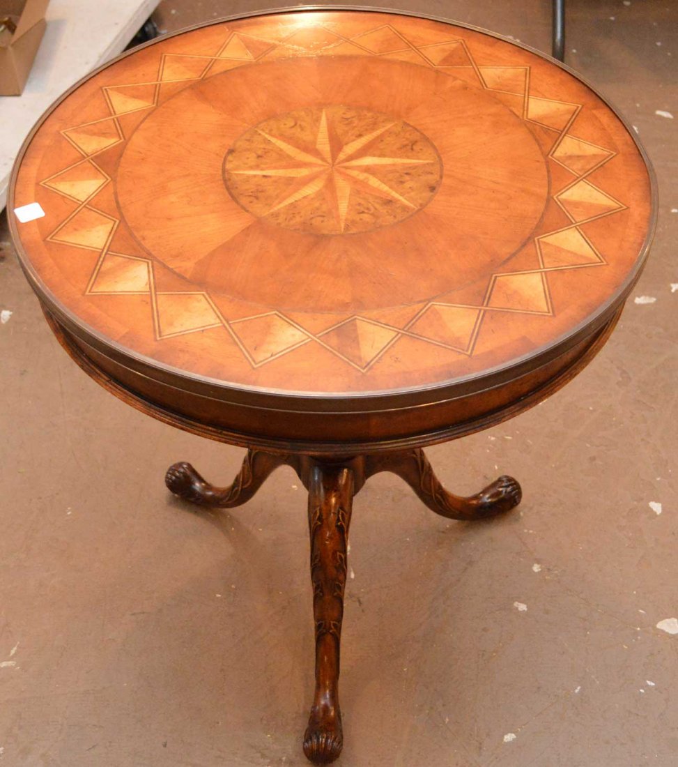 Solid walnut round inlaid table with finely carved base (1 of 3)