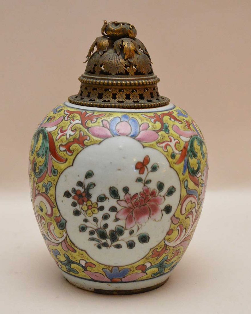 Chinese Export Incense Burner with bronze lid.  With (1 of 5)