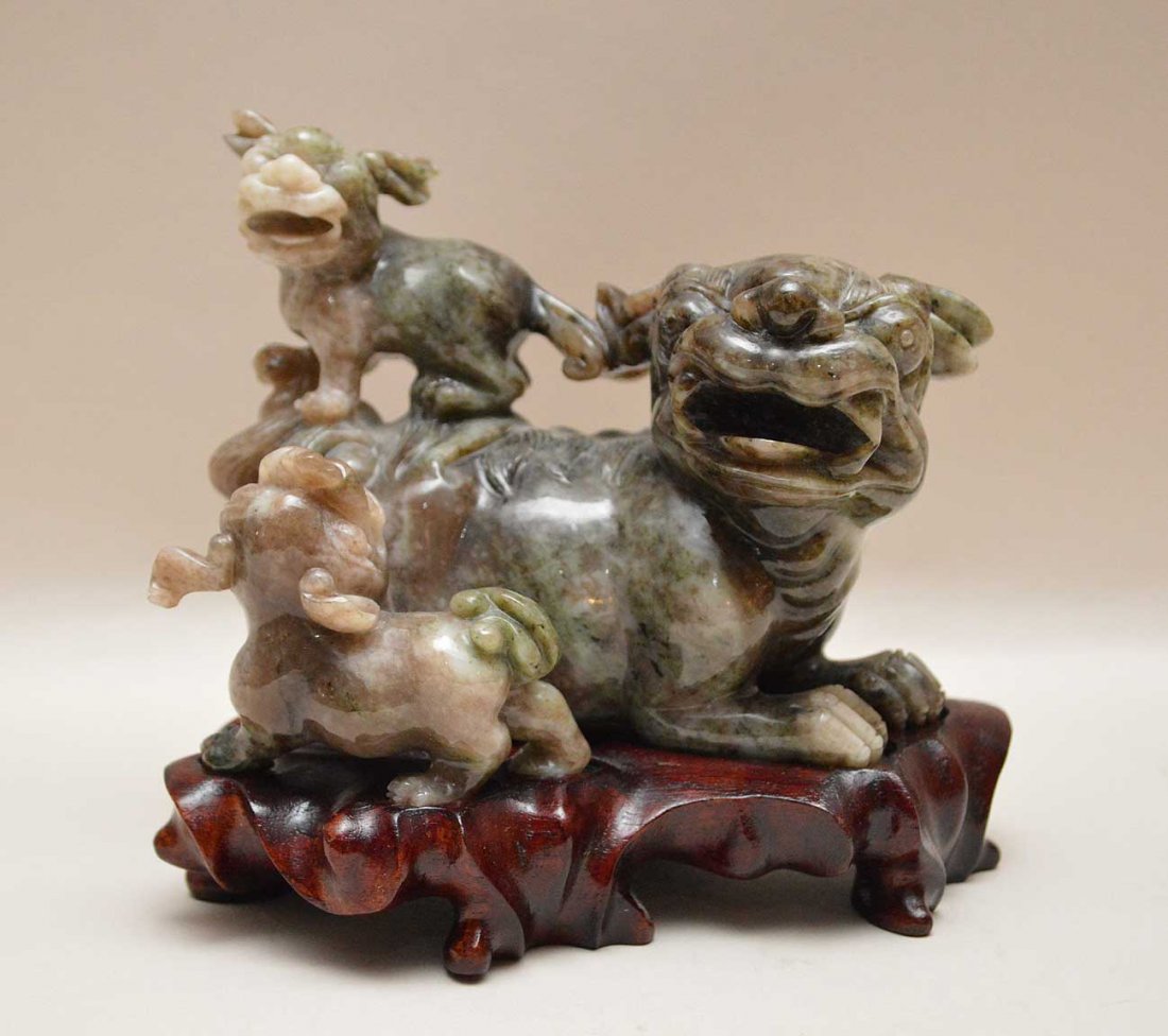Chinese Jade Carving Depicting Three Foo Dogs on a (1 of 3)