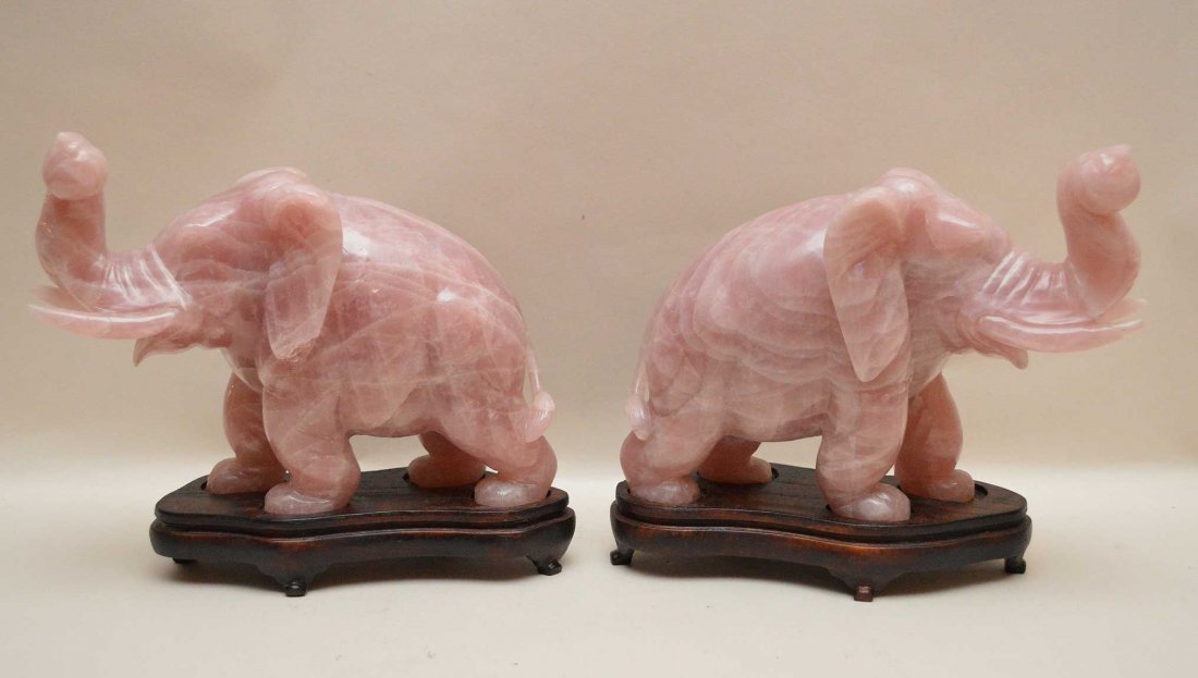 Pair Chinese Rose Quartz Carved Elephants on wood (1 of 4)