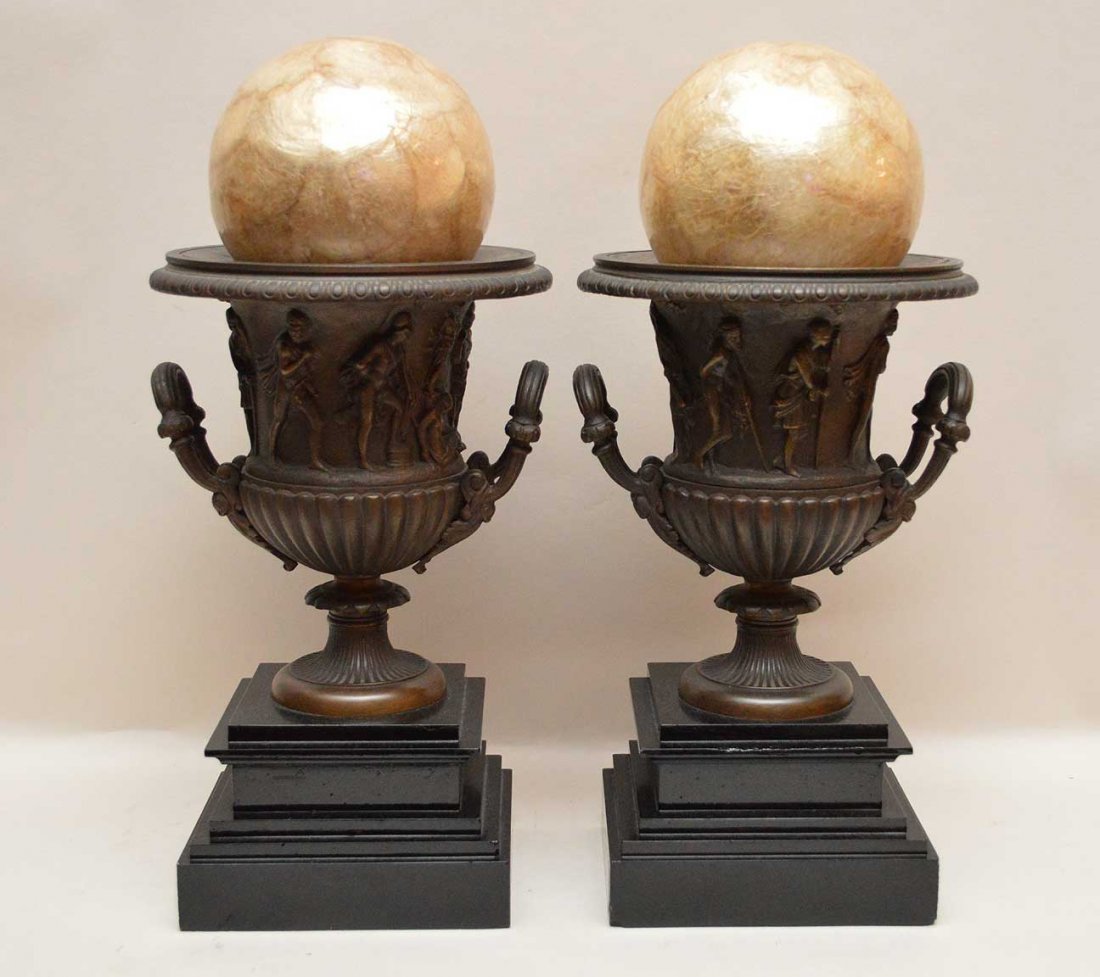 Pair Bronze Urns On Marble Bases.  One Urn has a crack (1 of 5)