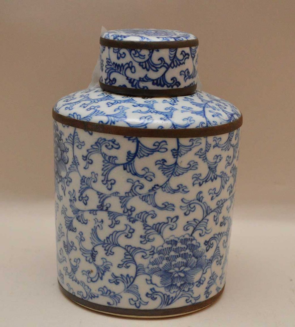 Fine Chinese Blue & White Jar with markings. H. 6" by (1 of 4)