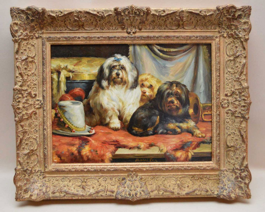 Daniel Fox framed painting of Dogs, oil on panel, (1 of 4)