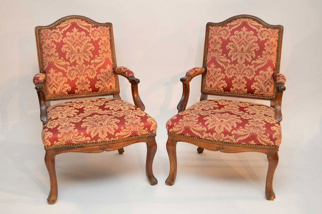 Pair fruitwood frame, red and beige upholstered arm (1 of 4)