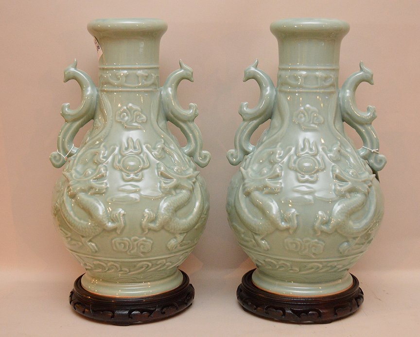 Pair Chinese celadon vases, high relief of dragon (1 of 4)