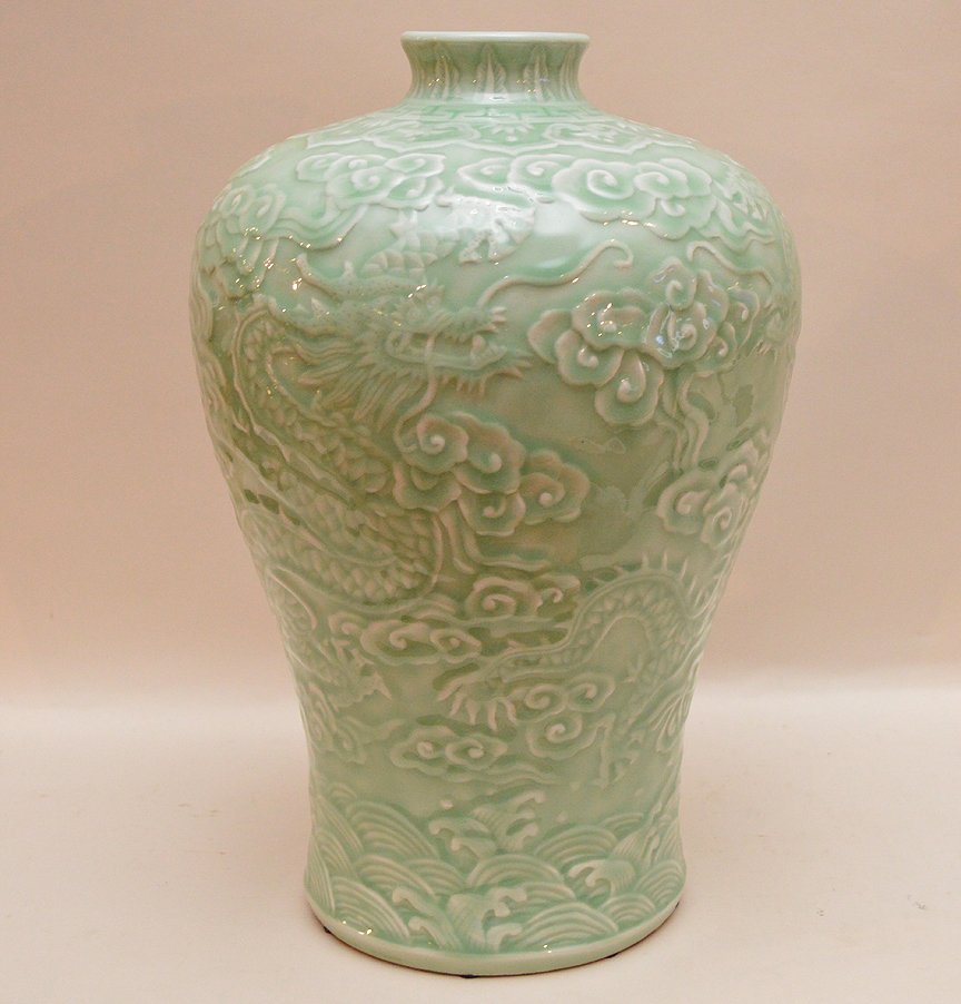 Celadon dragon vase, high relief, 13"h (1 of 3)