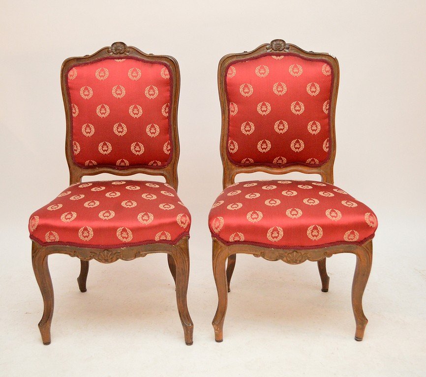 Pair French side chairs, red silk bee motif upholstery (1 of 4)