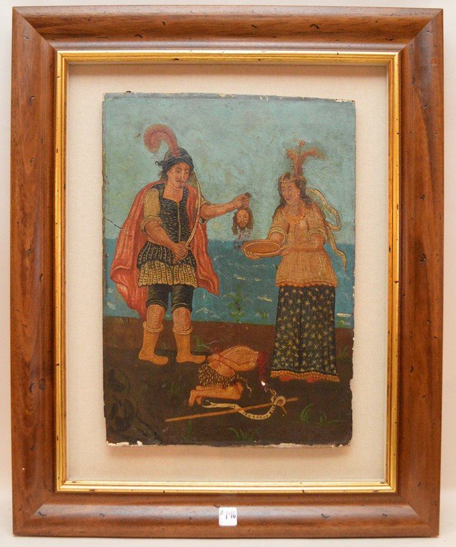An Aztecan representation of The Beheading of Saint: An Aztecan representation of The Beheading of Saint John the Baptist, New Spain [Mexico], 17th-century, tempera and oil(?) on wood panel, 20.5"h, 14.5"w (31"h, 24.5"w frame)