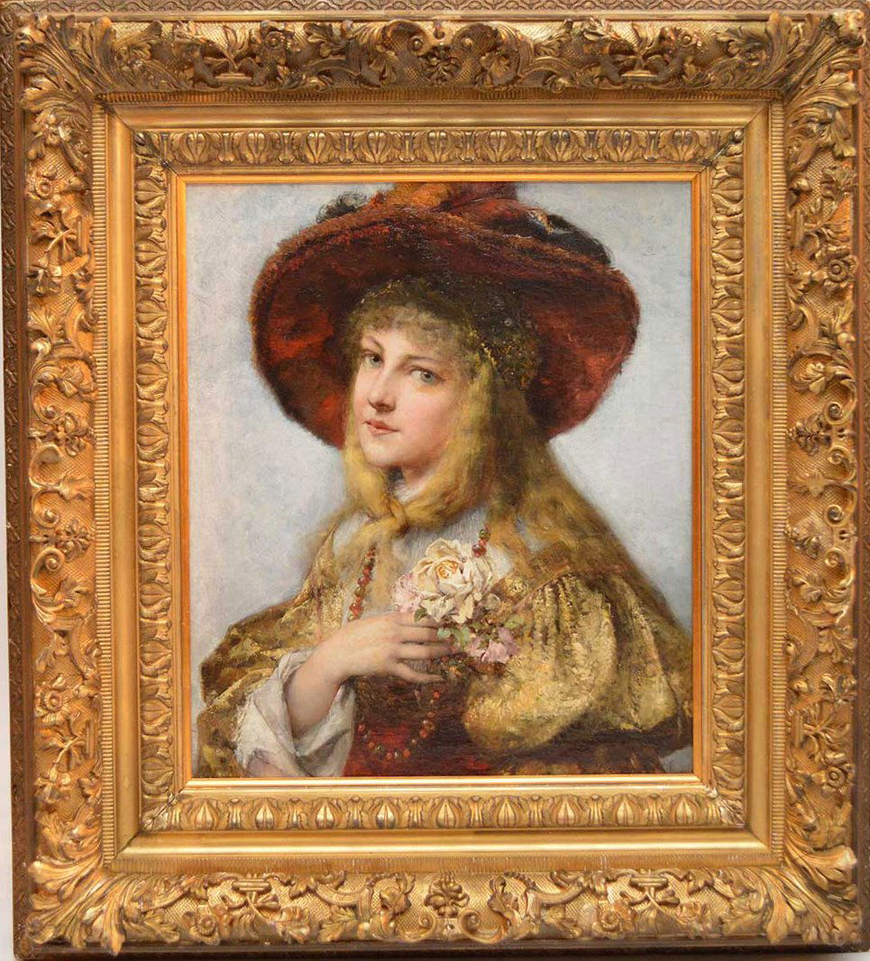 Gustav Laeverenz (GERMAN, 1851-1909) oil on canvas, "A: Gustav Laeverenz (GERMAN, 1851-1909) oil on canvas, "A noble Lady" canvas size 25-1/2" x 20-1/2"