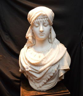 Antonio Frilli Marble Bust Of A Young Woman.  Ht. 27": Antonio Frilli Marble Bust Of A Young Woman. Ht. 27" Wth. 19 D. 12" Signed on the back and bears a bronze inset label. The piece has small losses around the edges.