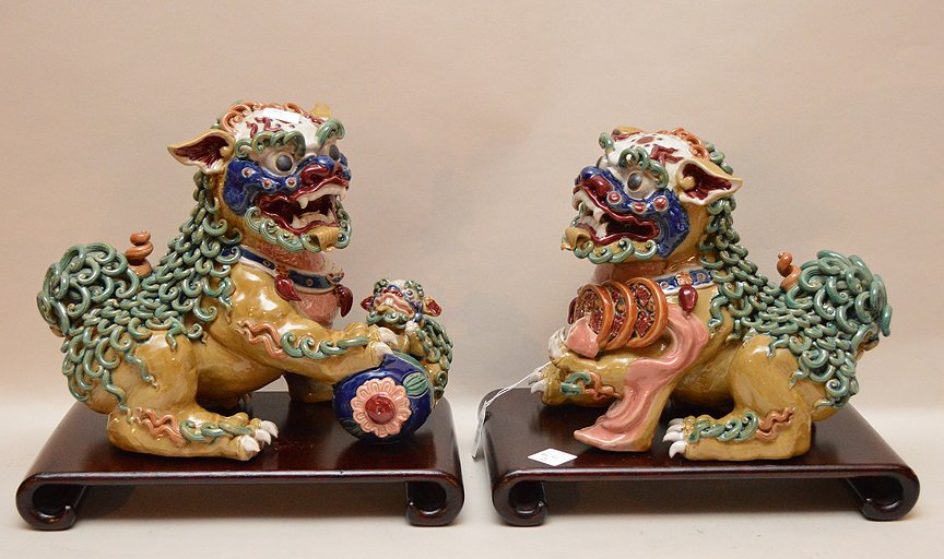 One pair large glazed pottery polychrome Chinese Foo (1 of 3)
