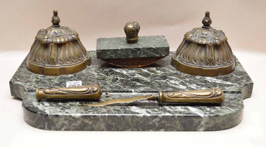Marble & Bronze Desk Set.  Lth. 17 1/4" (1 of 5)