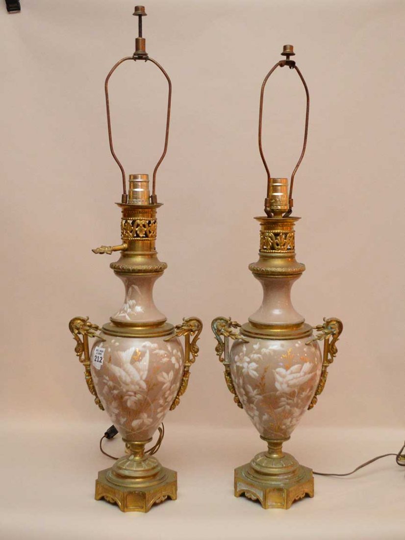 Pair porcelain urn form lamps, white bird motif with (1 of 10)