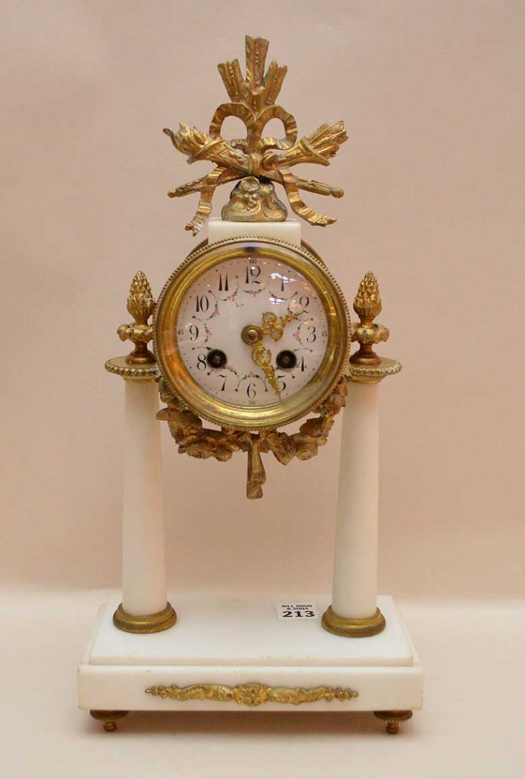 French style mantle clock, gilt metal trophy at top and (1 of 8)