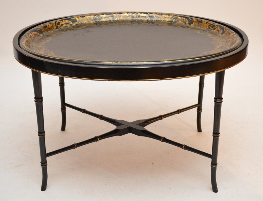 Oval paper mache gilded tray on custom stand, 20 1/2"h: Oval paper mache gilded tray on custom stand, 20 1/2"h x 33"w