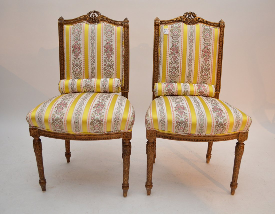 Pair gilt carved French style side chairs, yellow (1 of 3)