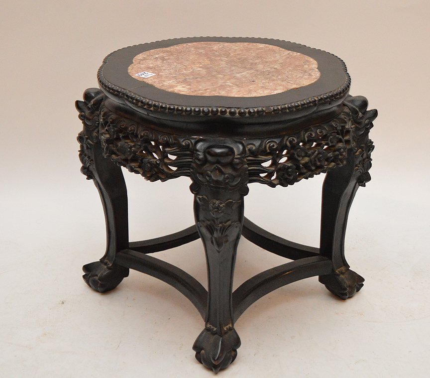 Heavily carved Chinese stand with marble insert (1 of 3)
