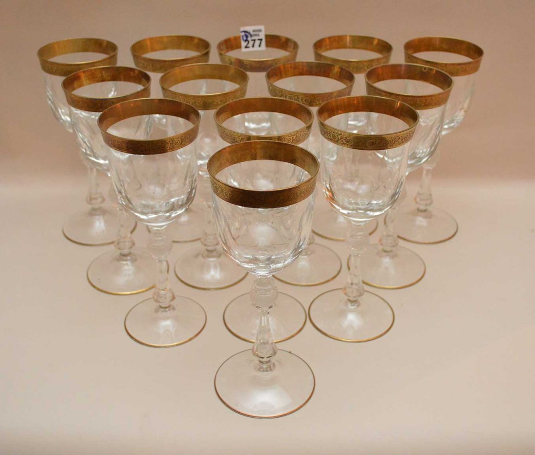 13 Venetian cut crystal wine glasses with gold band: 13 Venetian cut crystal wine glasses with gold band rim, 8 1/4"h