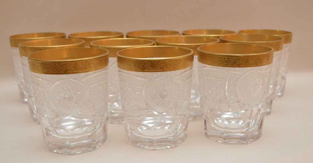 12 Venetian cut crystal water tumbler with gold band: 12 Venetian cut crystal water tumbler with gold band rim, 4"h