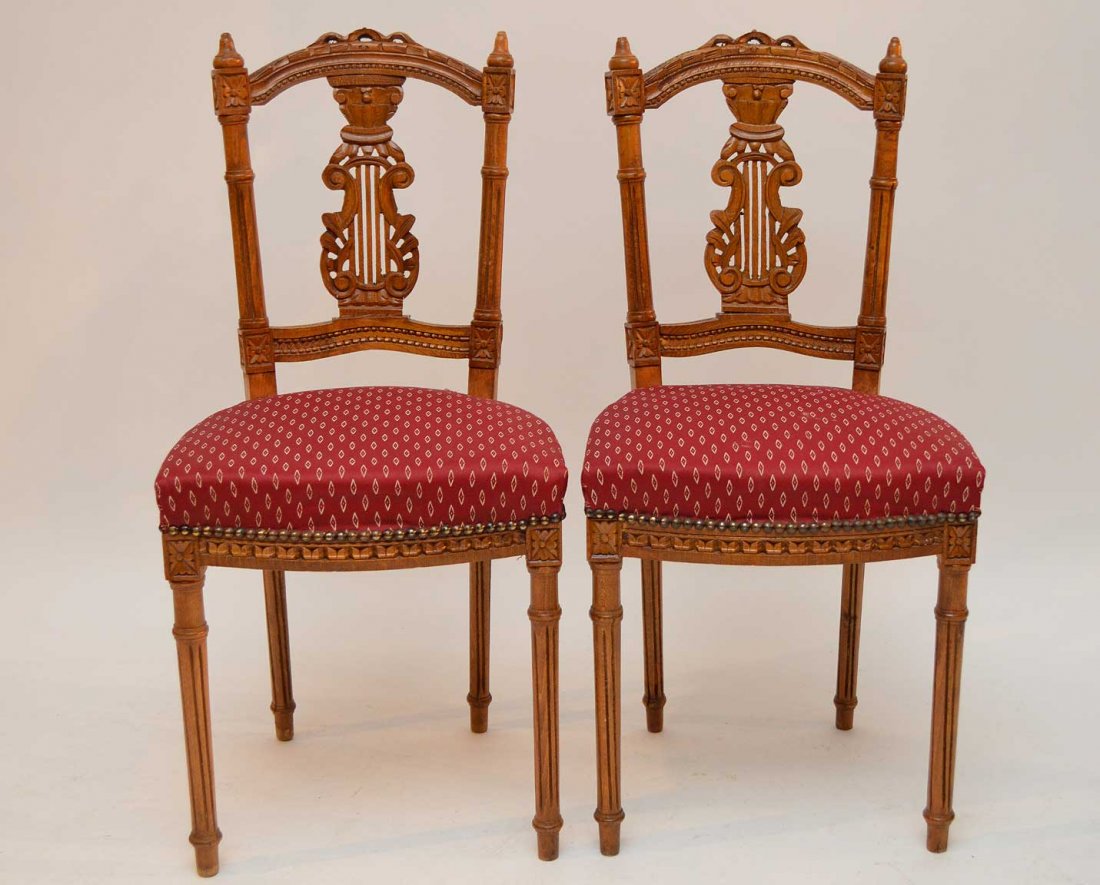 Carved small side chairs, red print upholstery (1 of 7)