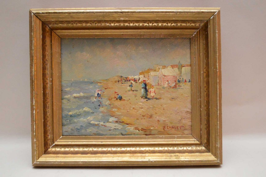 Andre Chalet (French, b. 1954) French Beach Scene, oil: Andre Chalet (French, b. 1954) French Beach Scene, oil on board, signed A. Chalet (lower right) 7-3/4" x 9-1/4 inches.