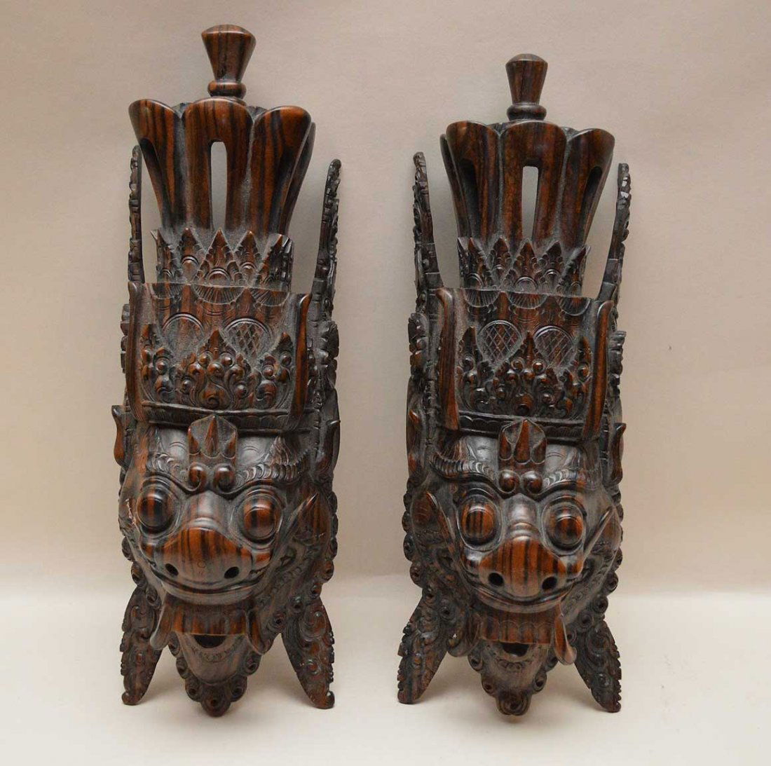 Pair Chinese Carved Wood Foo Lions.  Ht. 15" (1 of 4)