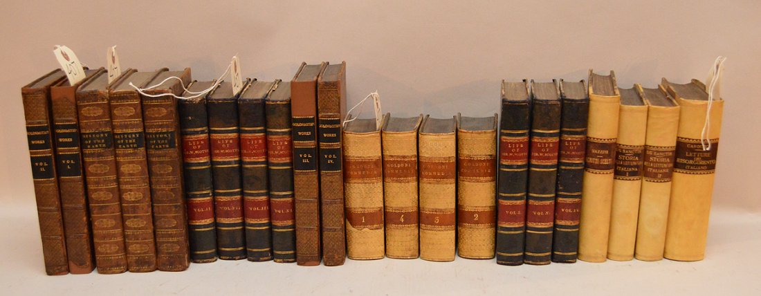 (4) Volumes Goldoni Commedie, (4) Volumes Italian, (7): (4) Volumes Goldoni Commedie, (4) Volumes Italian, (7) Volumes of Life of Sir W. Scott, (4) Volumes Goldsmith's Works, (3) Volumes History of the Earth