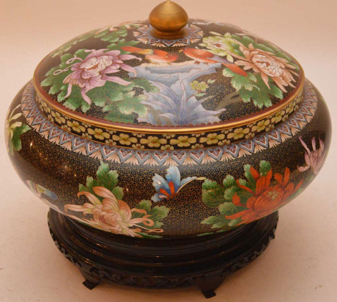 Monumental Cloisonné Bowl & Cover on a custom wood (1 of 6)