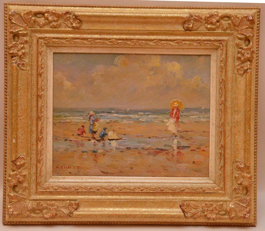 Andre Chalet (French, b. 1954) Children playing on the: Andre Chalet (French, b. 1954) Children playing on the Beach, oil on board, signed A. Chalet 7-1/4" x 9-3/8