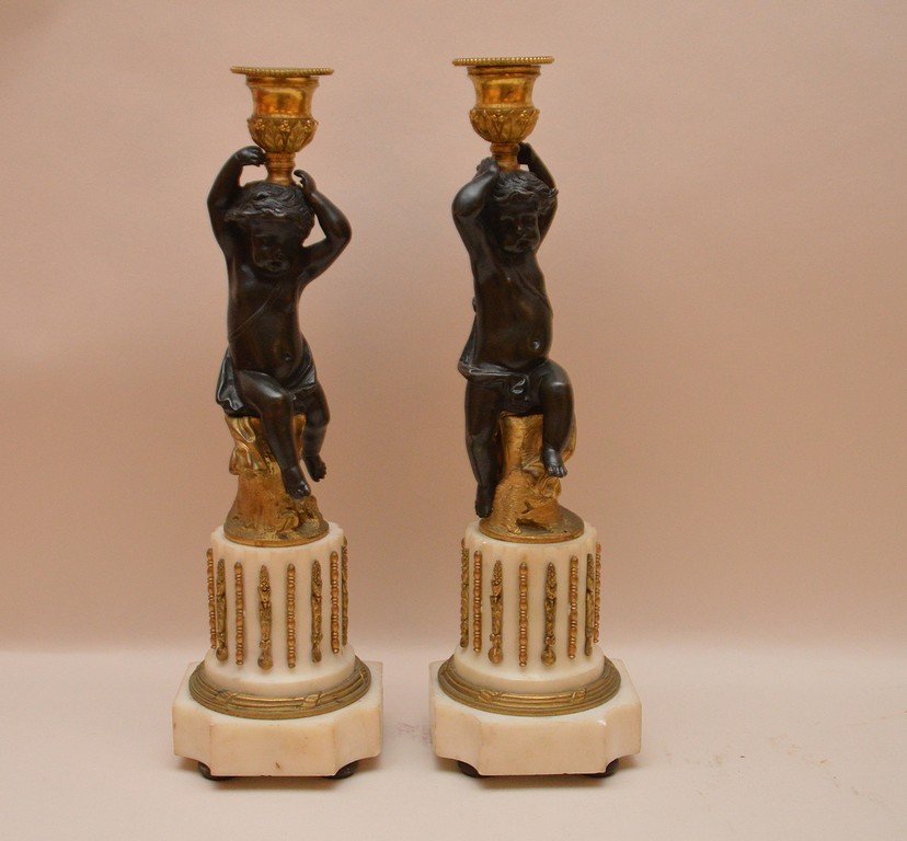 Pair marble and bronze figural candlesticks, 12 1/2"h (1 of 7)