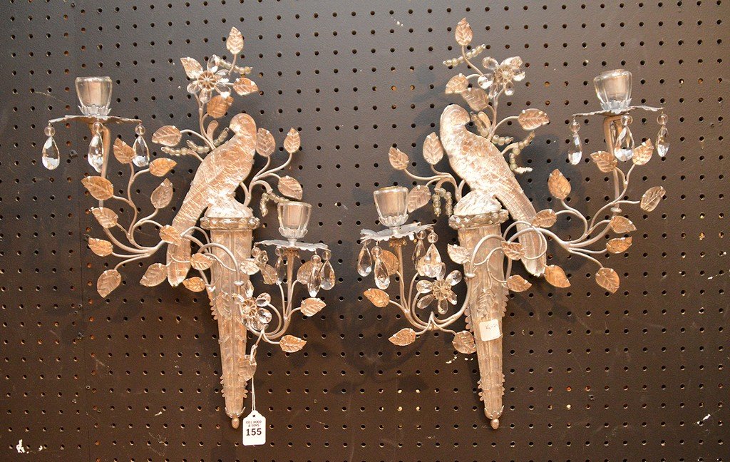 Pair crystal and silver leaf metal bird sconces, 22"h (1 of 5)