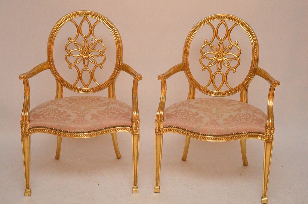 Pair gilded fauteuils, silk upholstery (1 of 4)