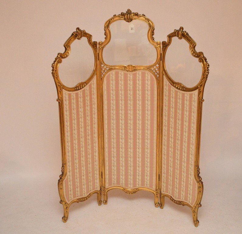 French 3 panel screen, gilded, glass inserts and (1 of 4)