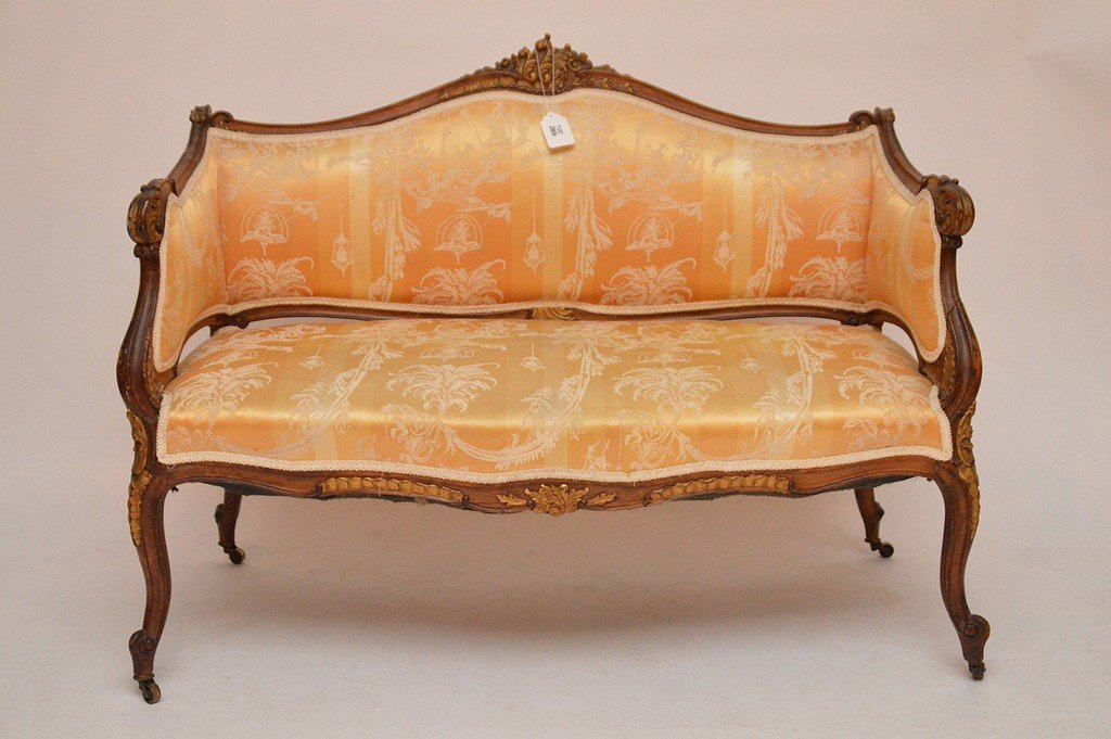 Small settee wood frame with gilded accents, carved (1 of 4)