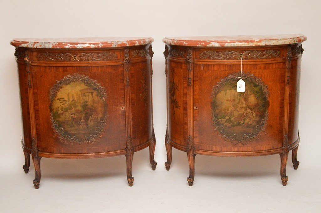 Pair demi lune consoles, single drawer carved vines (1 of 10)
