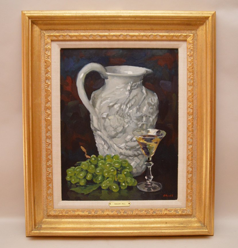 Gregory Hull (American born 1950) oil on canvas,: Gregory Hull (American born 1950) oil on canvas, Pitcher with wine & grapes, 13-1/2" x 17-1/2"