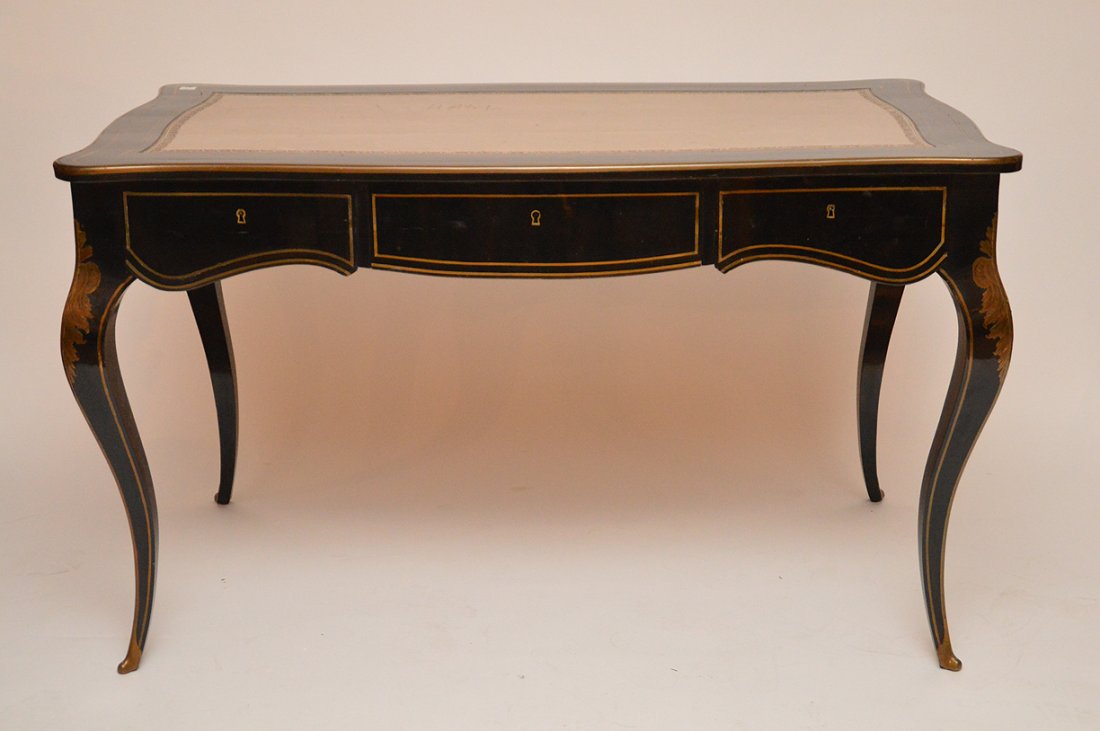 French desk with brass accouterments, beige tooled (1 of 7)