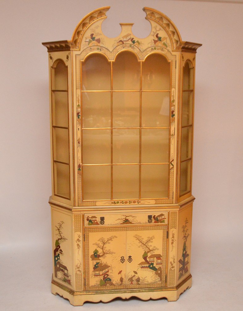 2pc. China cabinet, white chinoiserie motif, 77"h x (1 of 3)